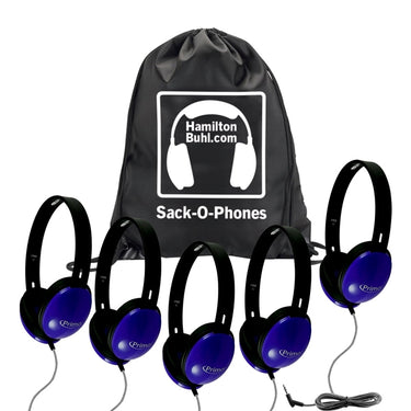 Sack-O-Phones bulk school headphones pack with 5 Primo blue headphones and carrying bag for education.